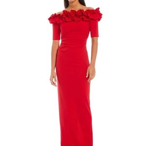 Xscape, red gown with ruffle neckline.